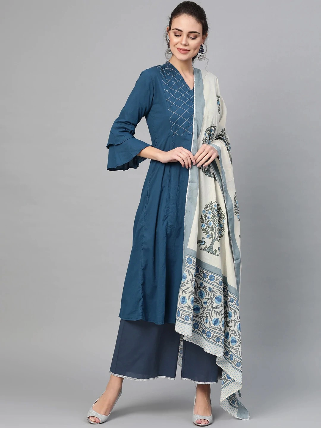 Bhama Couture Women Navy Blue &amp; Off-White Yoke Design Kurta with Palazzos &amp; Dupatta-BHKS073_L