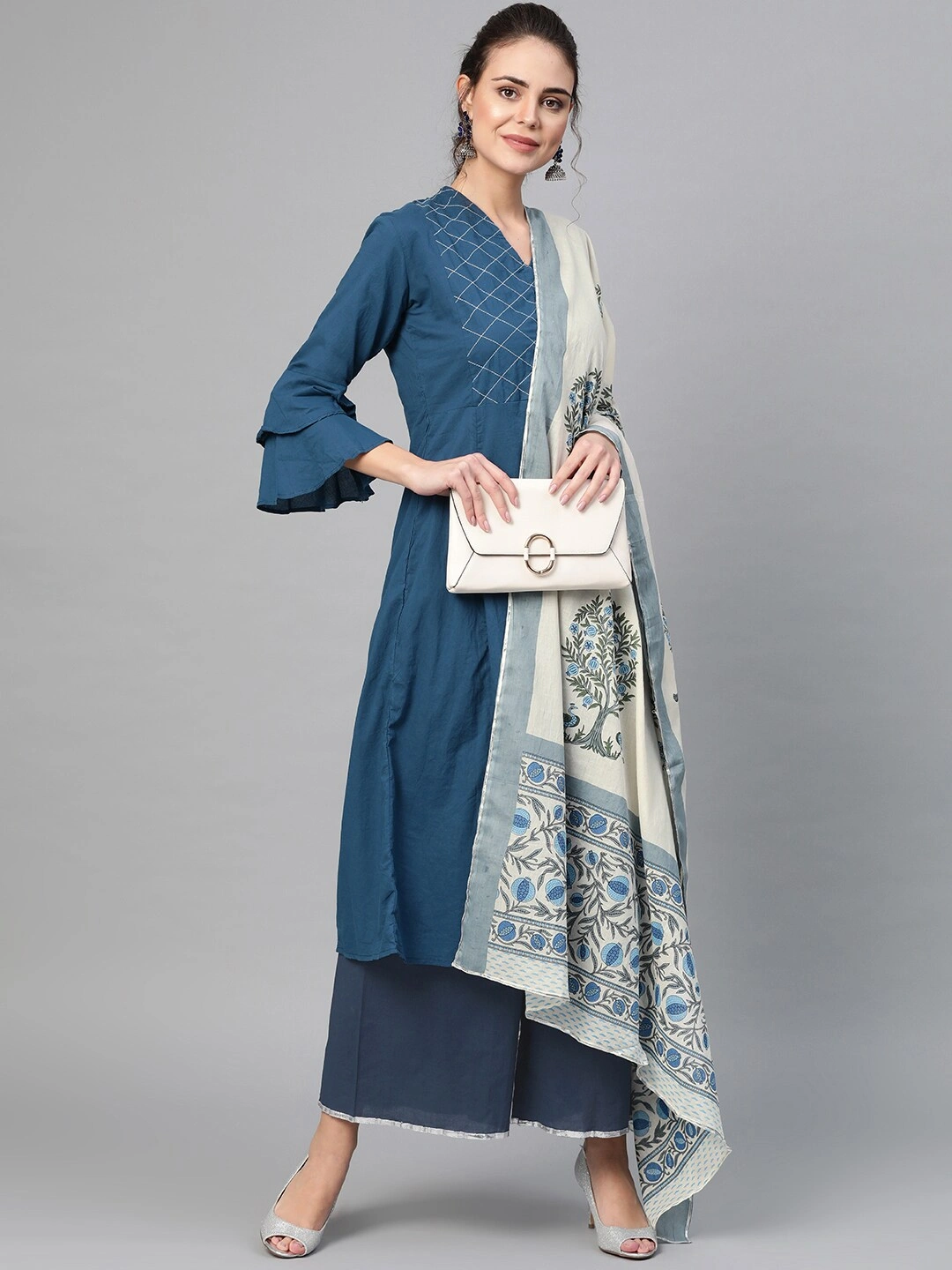 Bhama Couture Women Navy Blue &amp; Off-White Yoke Design Kurta with Palazzos &amp; Dupatta-L-1