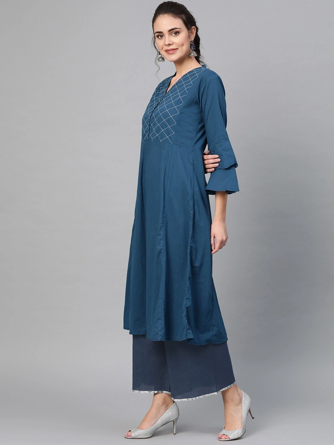 Bhama Couture Women Navy Blue &amp; Off-White Yoke Design Kurta with Palazzos &amp; Dupatta-L-2