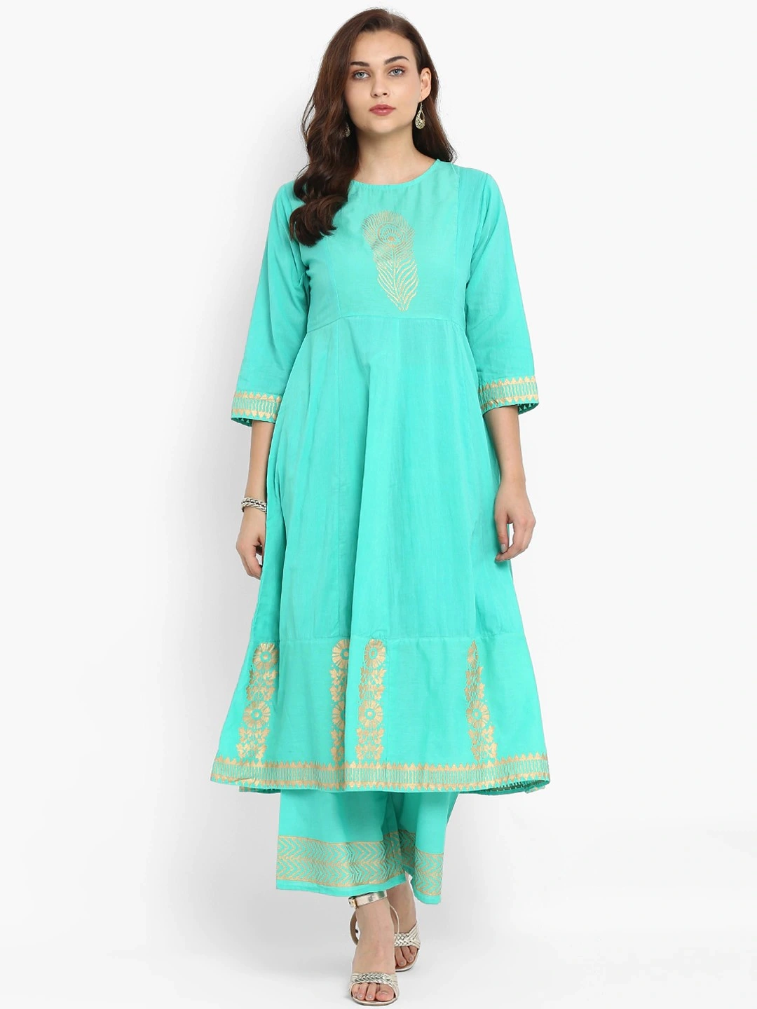 Bhama Couture Women Sea Green &amp; Gold-Coloured Printed Kurta with Palazzos-BHKS074_L