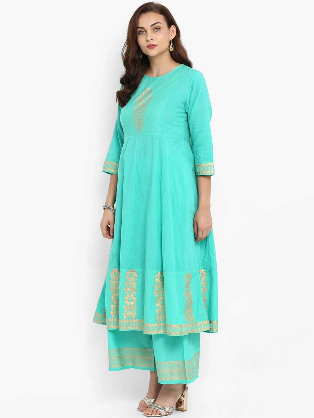 Bhama Couture Women Sea Green &amp; Gold-Coloured Printed Kurta with Palazzos-L-1