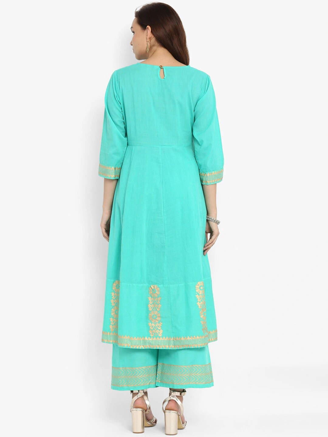 Bhama Couture Women Sea Green &amp; Gold-Coloured Printed Kurta with Palazzos-L-2