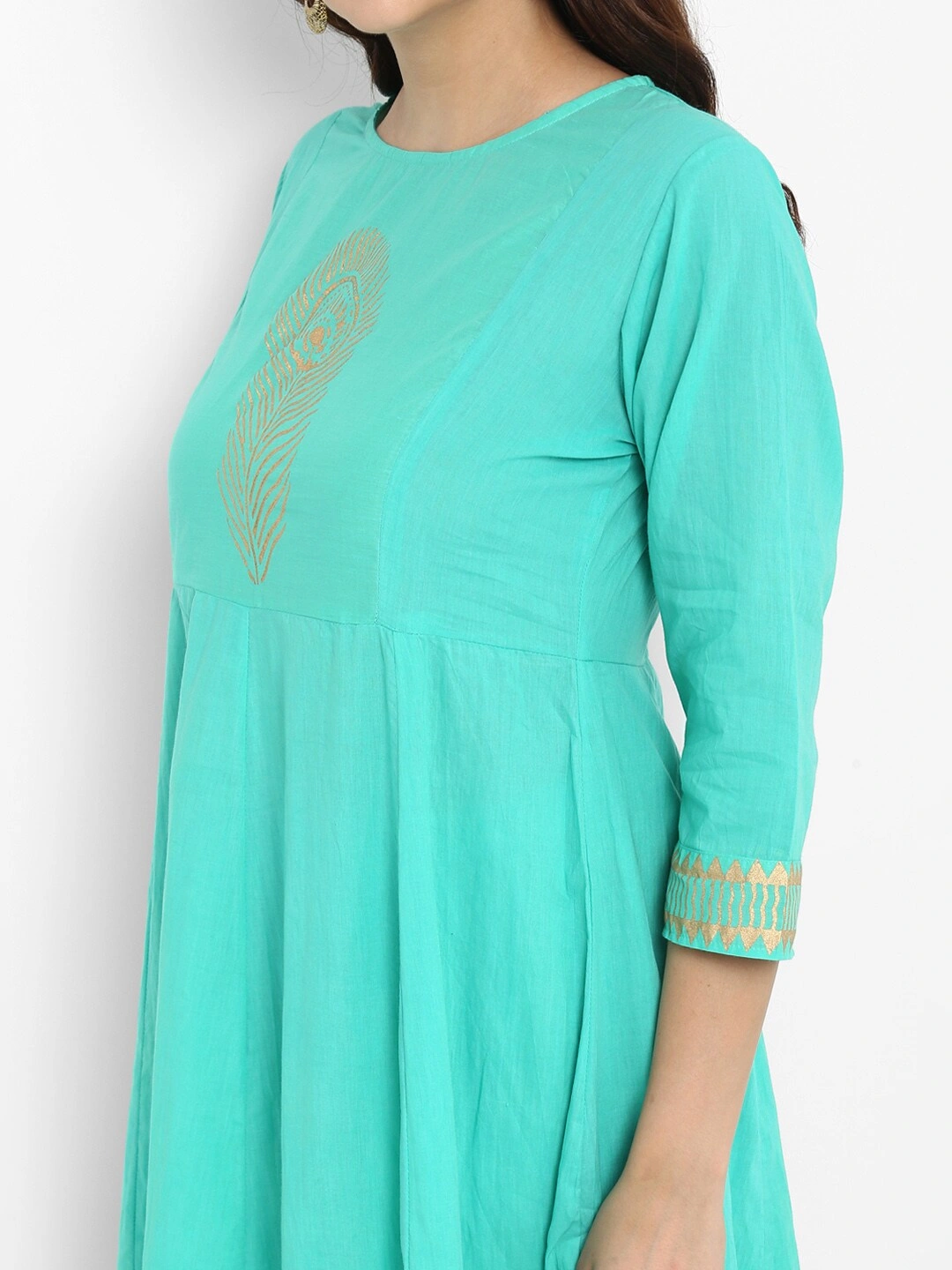 Bhama Couture Women Sea Green &amp; Gold-Coloured Printed Kurta with Palazzos-L-3