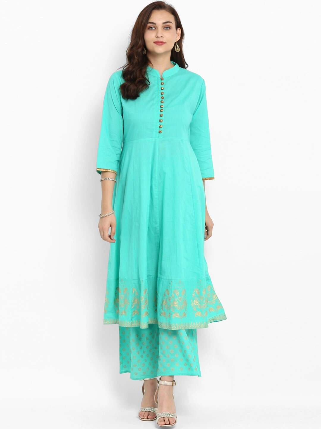 Bhama Couture Women Sea Green Printed Kurta with Palazzos-BHKS075_L