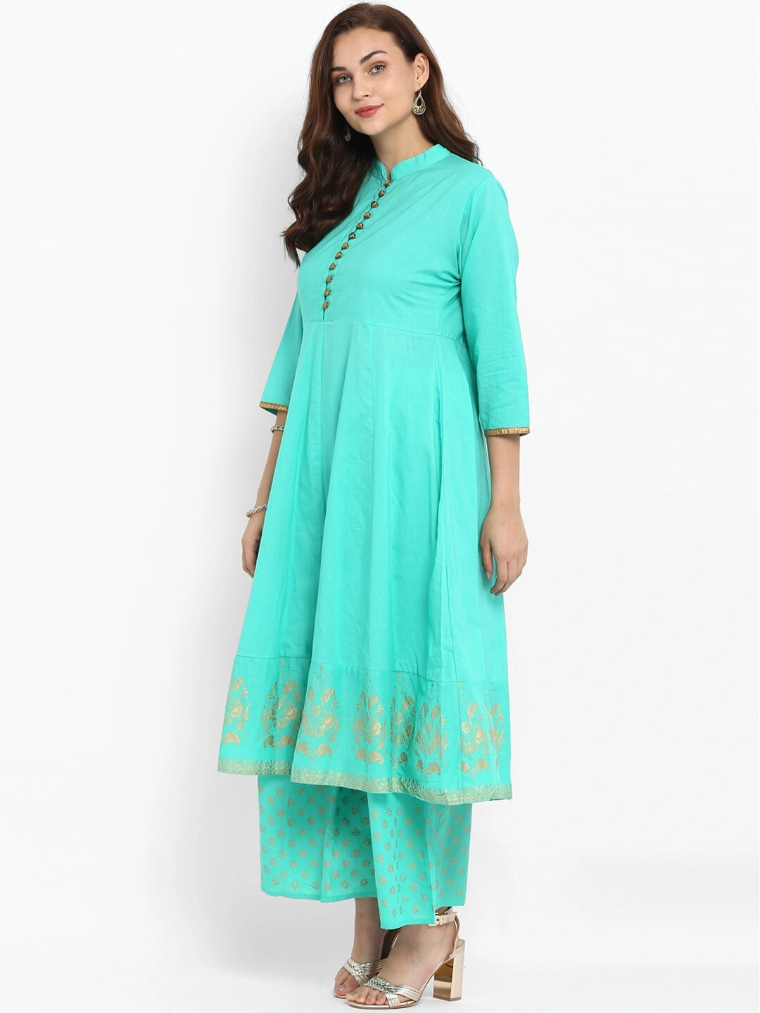 Bhama Couture Women Sea Green Printed Kurta with Palazzos-L-1