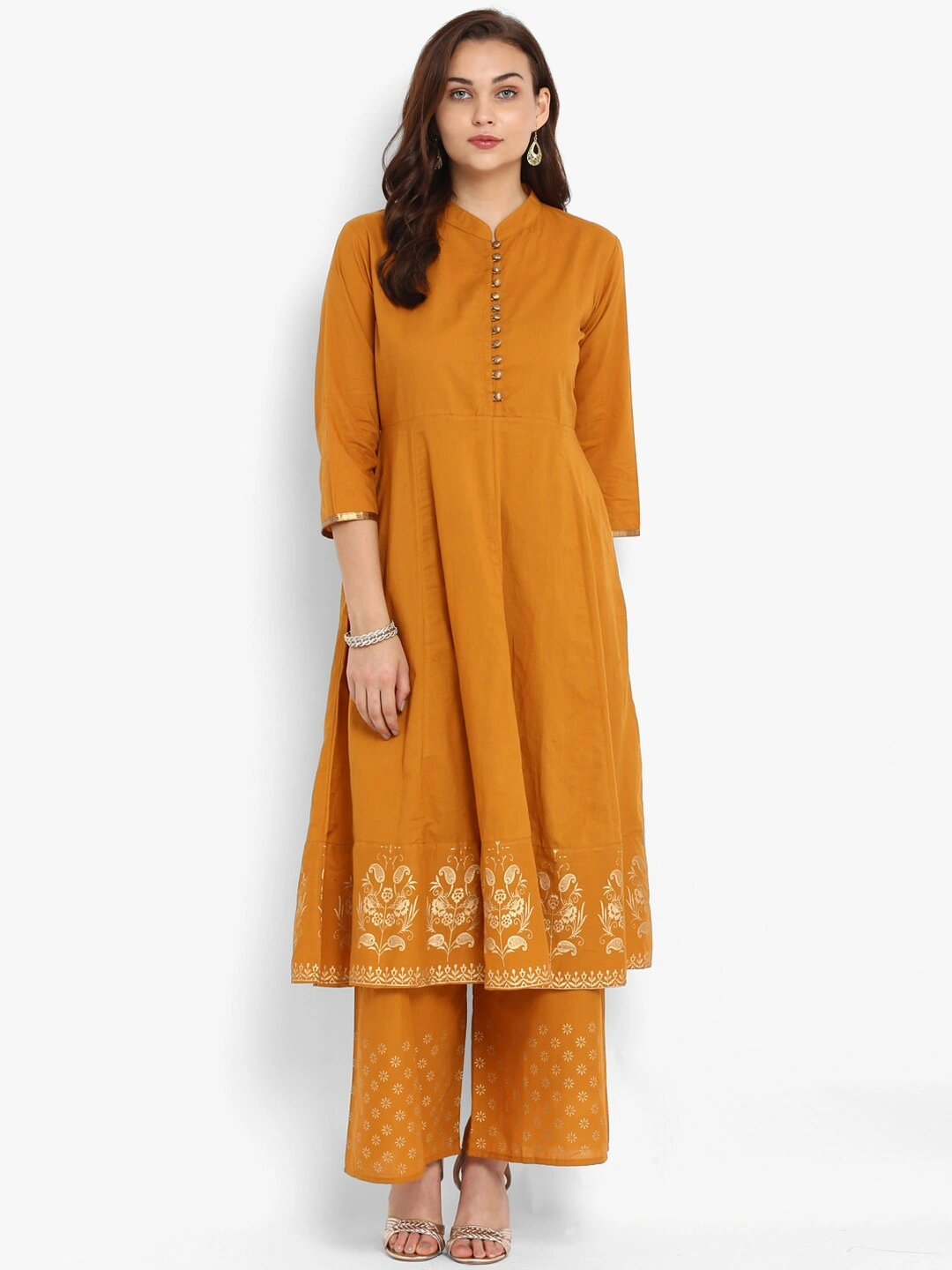 Bhama Couture Women Mustard &amp; Gold-Toned Printed Kurta with Palazzos-BHKS076_S