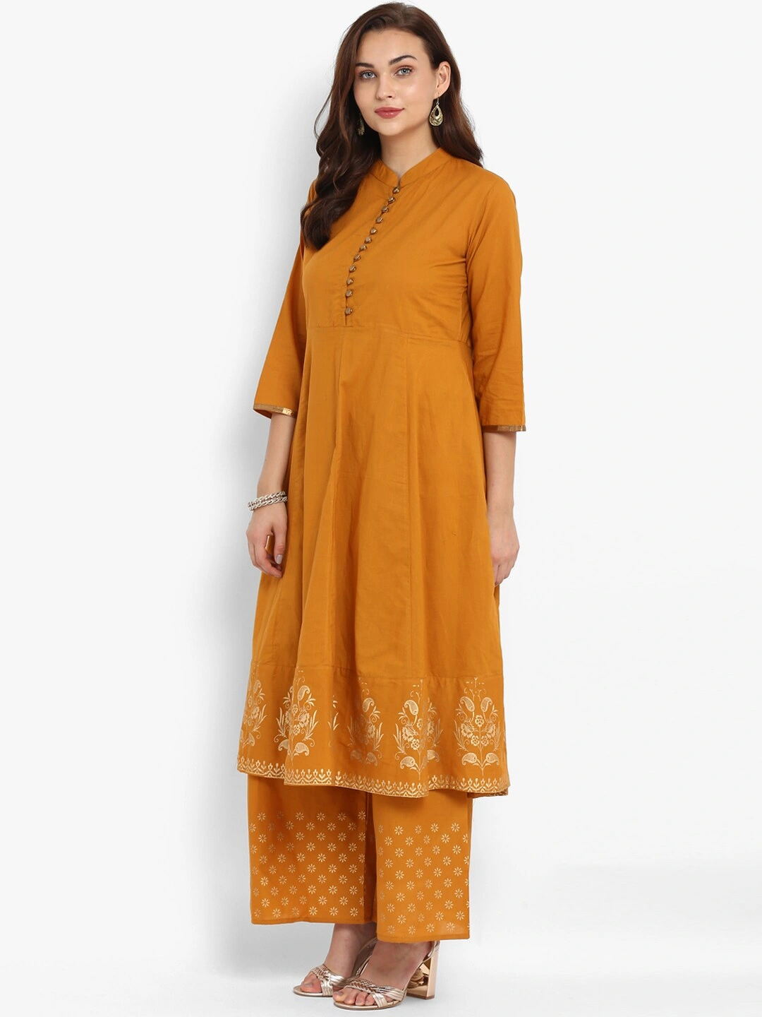 Bhama Couture Women Mustard &amp; Gold-Toned Printed Kurta with Palazzos-S-1