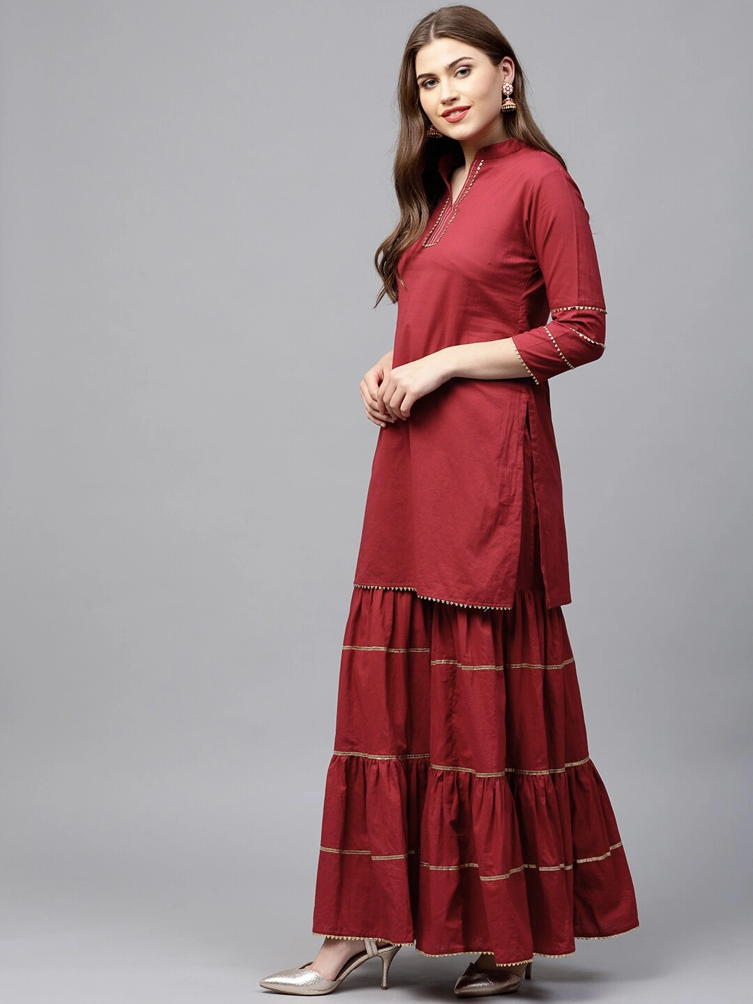 Bhama Couture Women Maroon Solid Kurta with Sharara-L-1