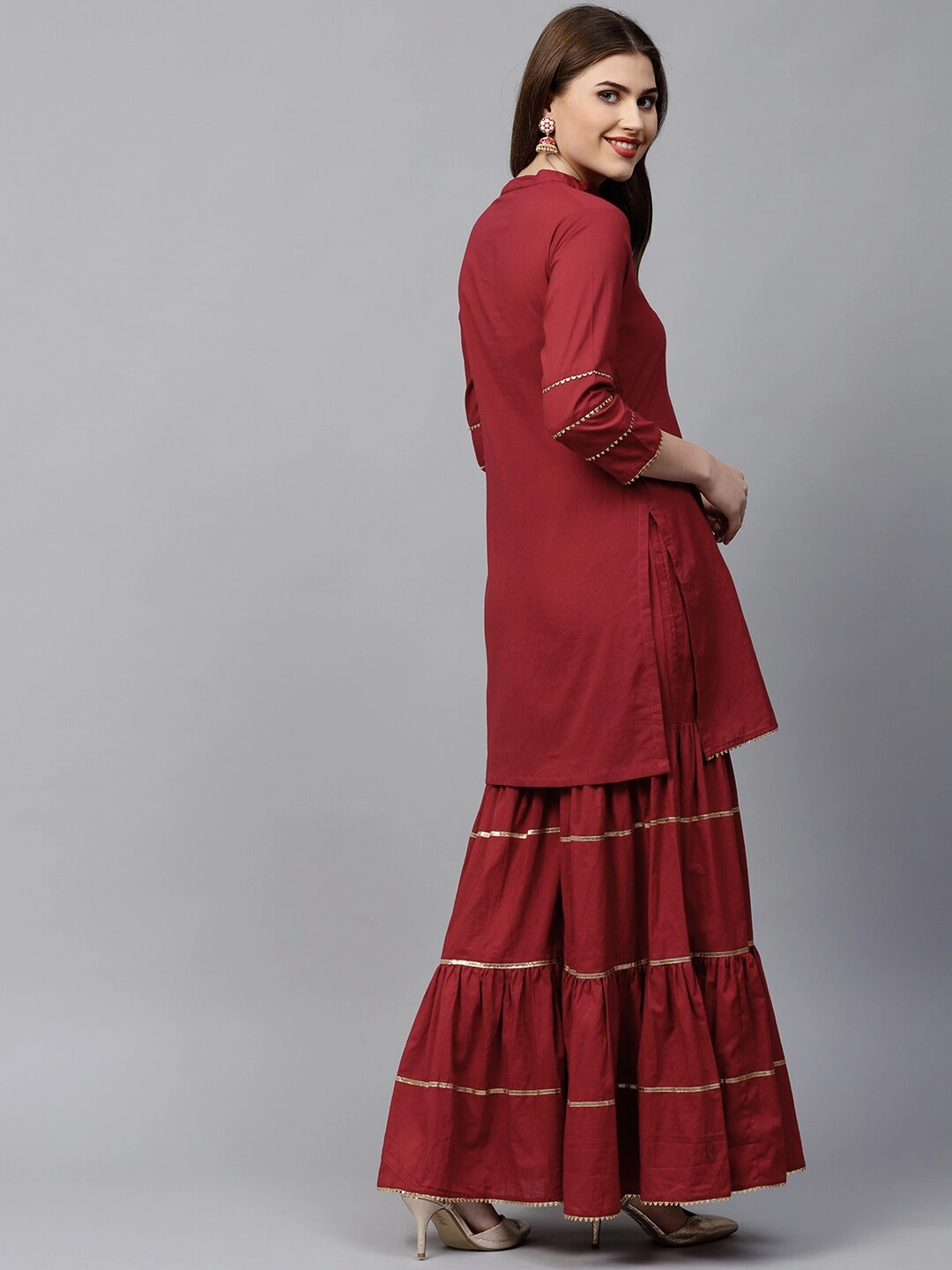 Bhama Couture Women Maroon Solid Kurta with Sharara-L-2