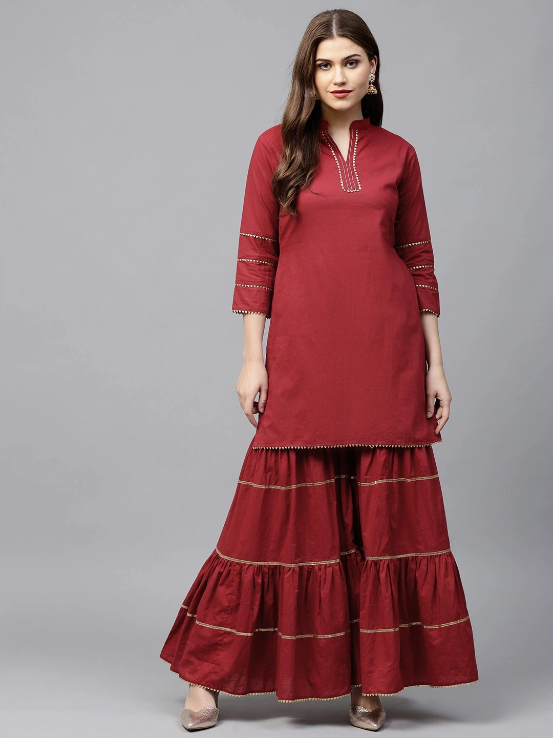 Bhama Couture Women Maroon Solid Kurta with Sharara-BHKS078_M