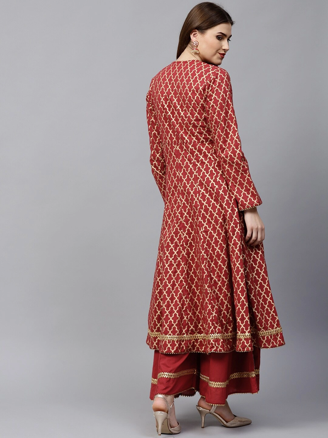 Bhama Couture Women Rust Red &amp; Golden Printed Kurta with Palazzos-L-2