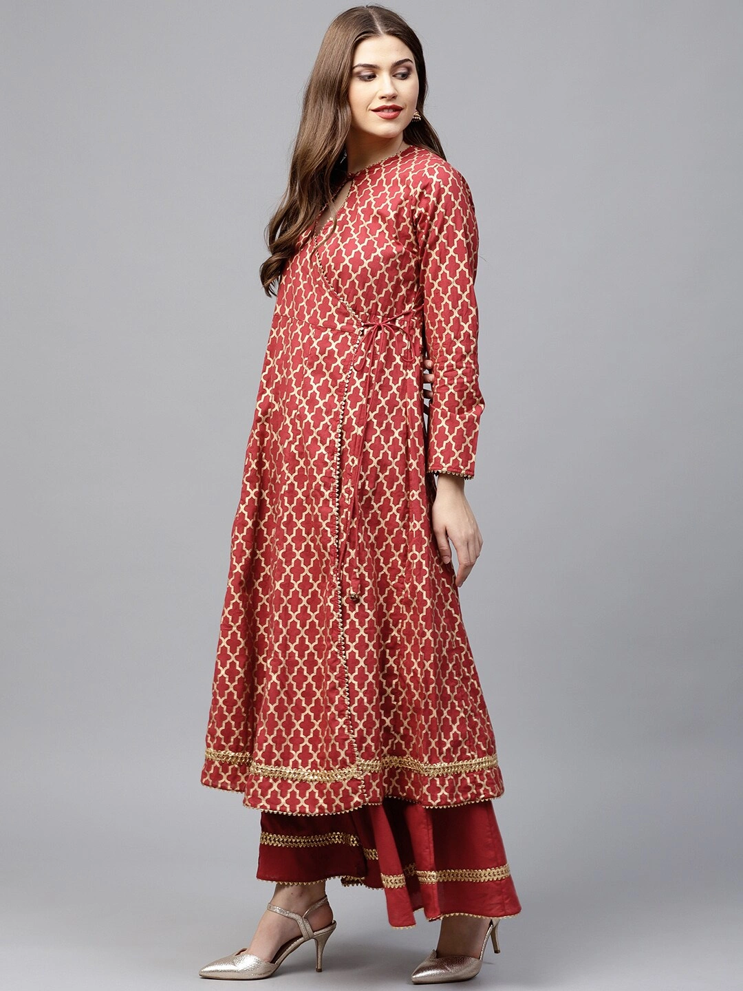 Bhama Couture Women Rust Red &amp; Golden Printed Kurta with Palazzos-XL-1