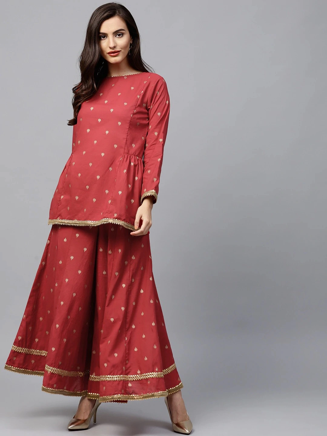 Bhama Couture Women Red &amp; Golden Printed Kurti with Palazzos-BHKS081_L