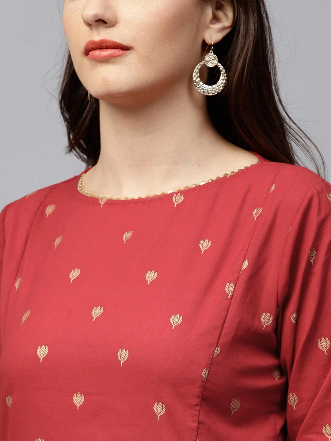 Bhama Couture Women Red &amp; Golden Printed Kurti with Palazzos-L-3