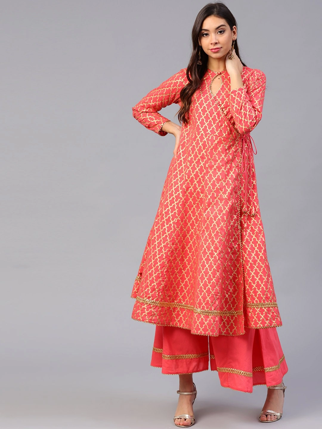 Bhama Couture Women Coral Pink &amp; Golden Printed Kurta with Palazzos-BHKS085_L