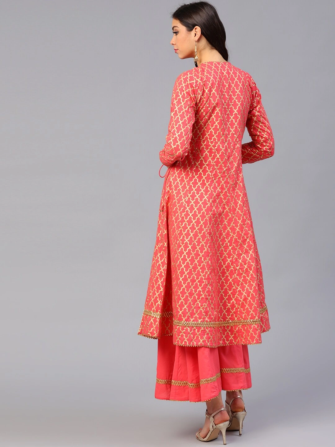 Bhama Couture Women Coral Pink &amp; Golden Printed Kurta with Palazzos-L-2