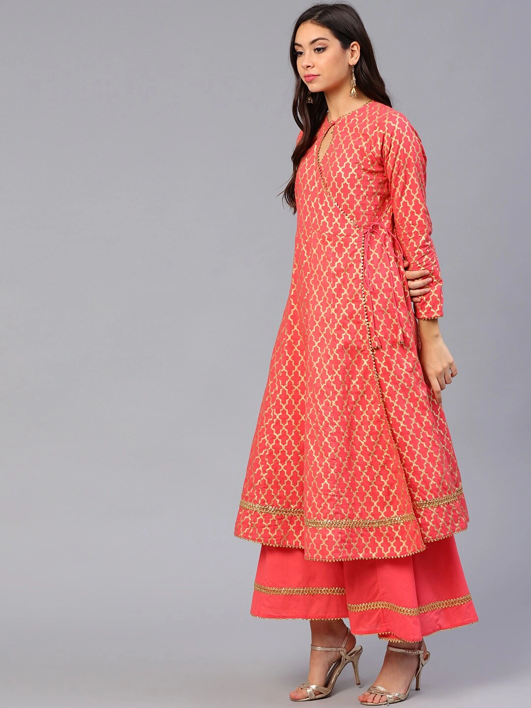 Bhama Couture Women Coral Pink &amp; Golden Printed Kurta with Palazzos-M-1