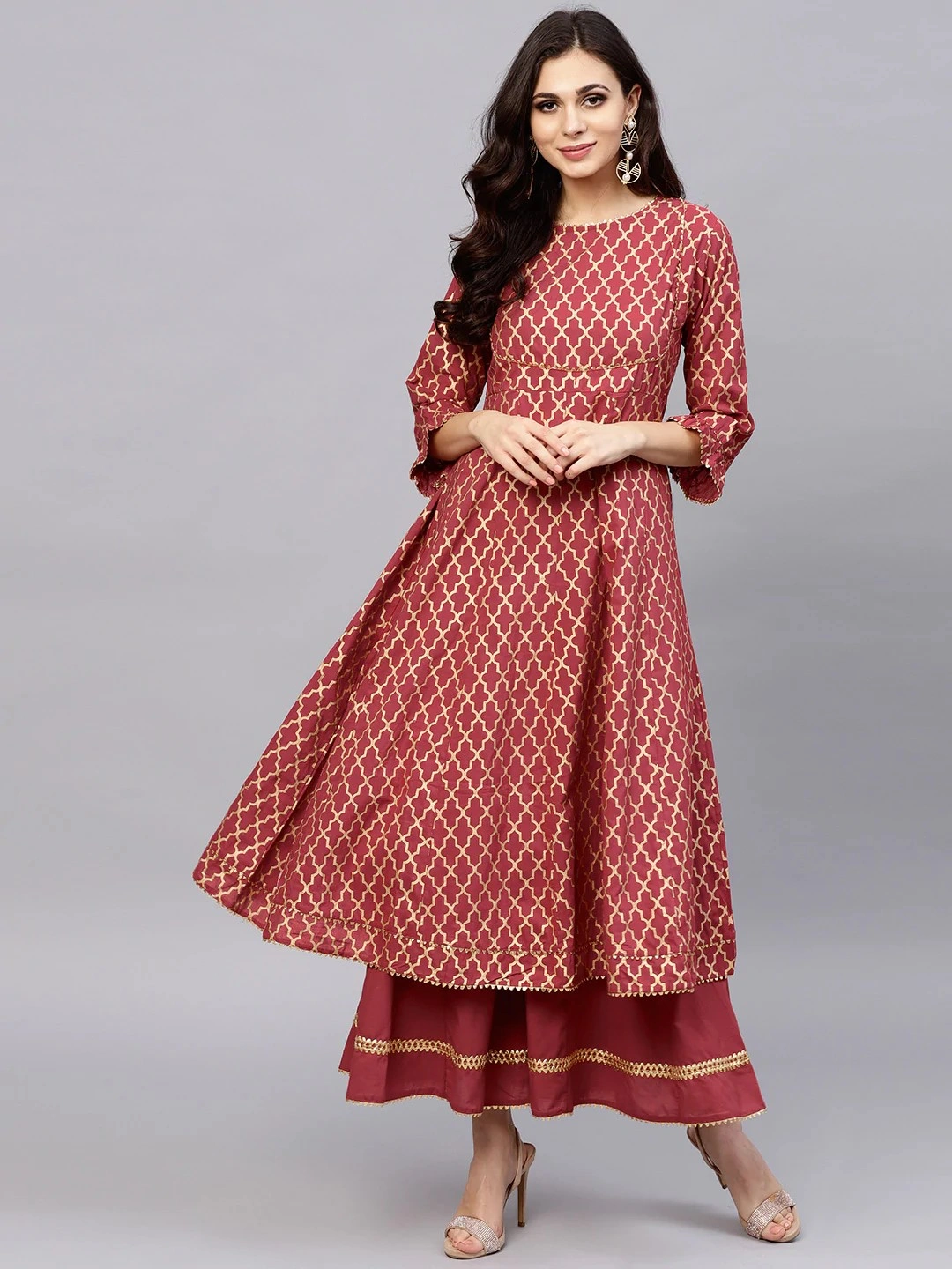 Bhama Couture Women Maroon &amp; Golden Printed Kurta with Palazzos-BHKS086_L