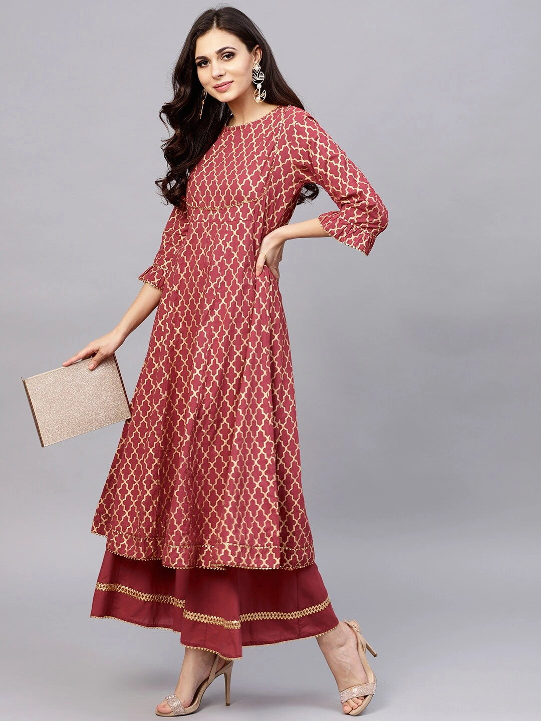 Bhama Couture Women Maroon &amp; Golden Printed Kurta with Palazzos-L-1