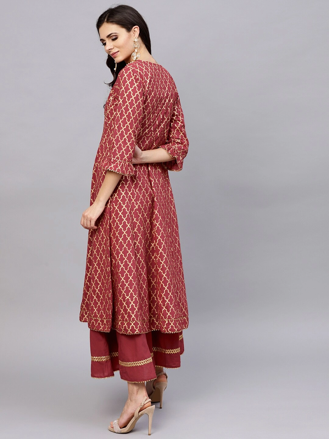 Bhama Couture Women Maroon &amp; Golden Printed Kurta with Palazzos-L-3