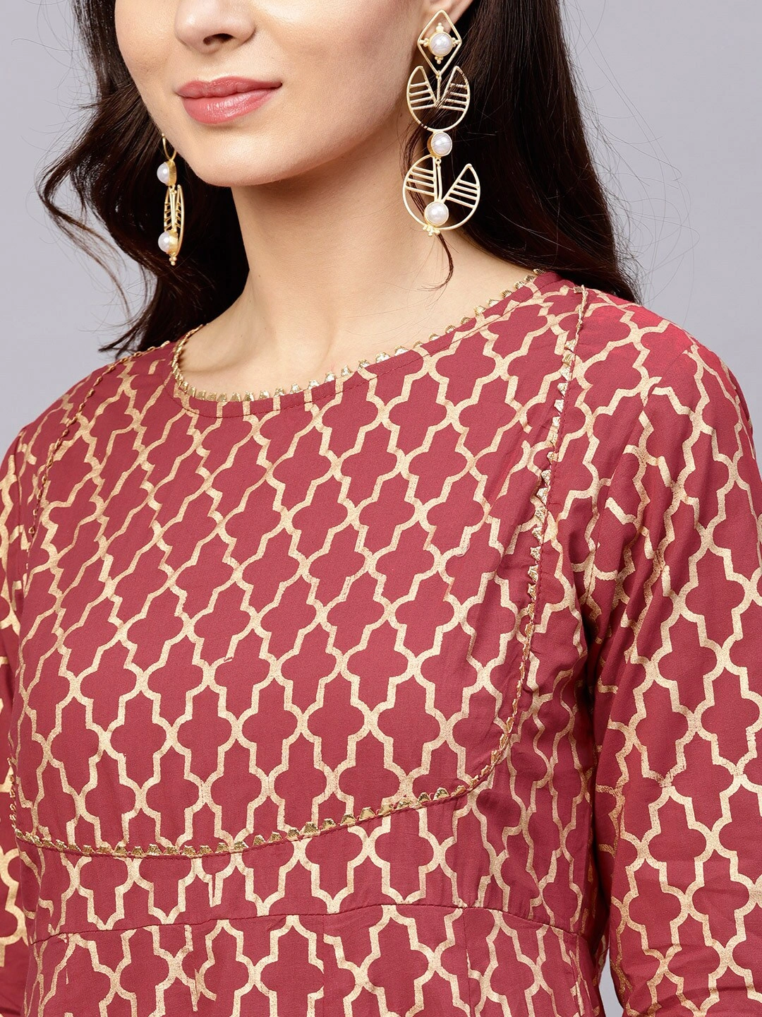 Bhama Couture Women Maroon &amp; Golden Printed Kurta with Palazzos-L-4