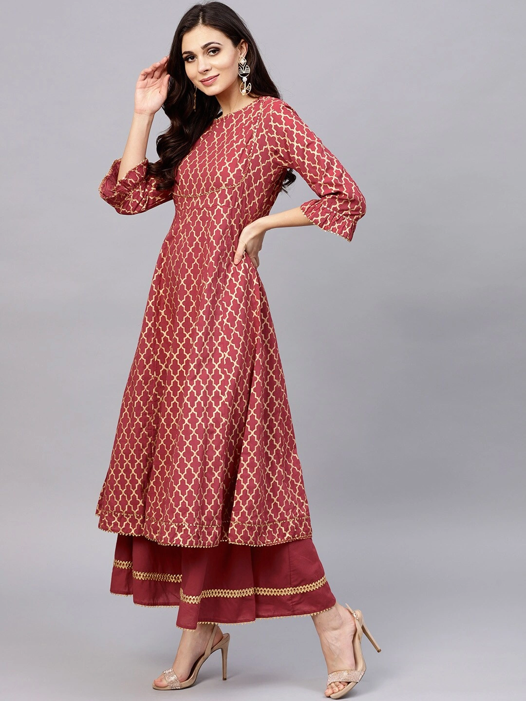 Bhama Couture Women Maroon &amp; Golden Printed Kurta with Palazzos-XL-2