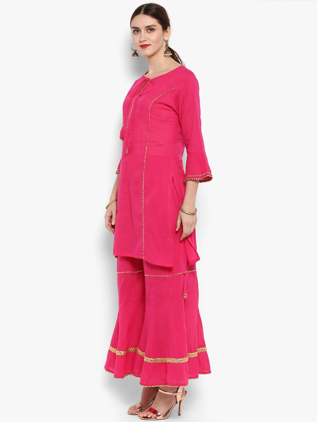 Bhama Couture Women Pink Solid Kurta with Sharara-S-1