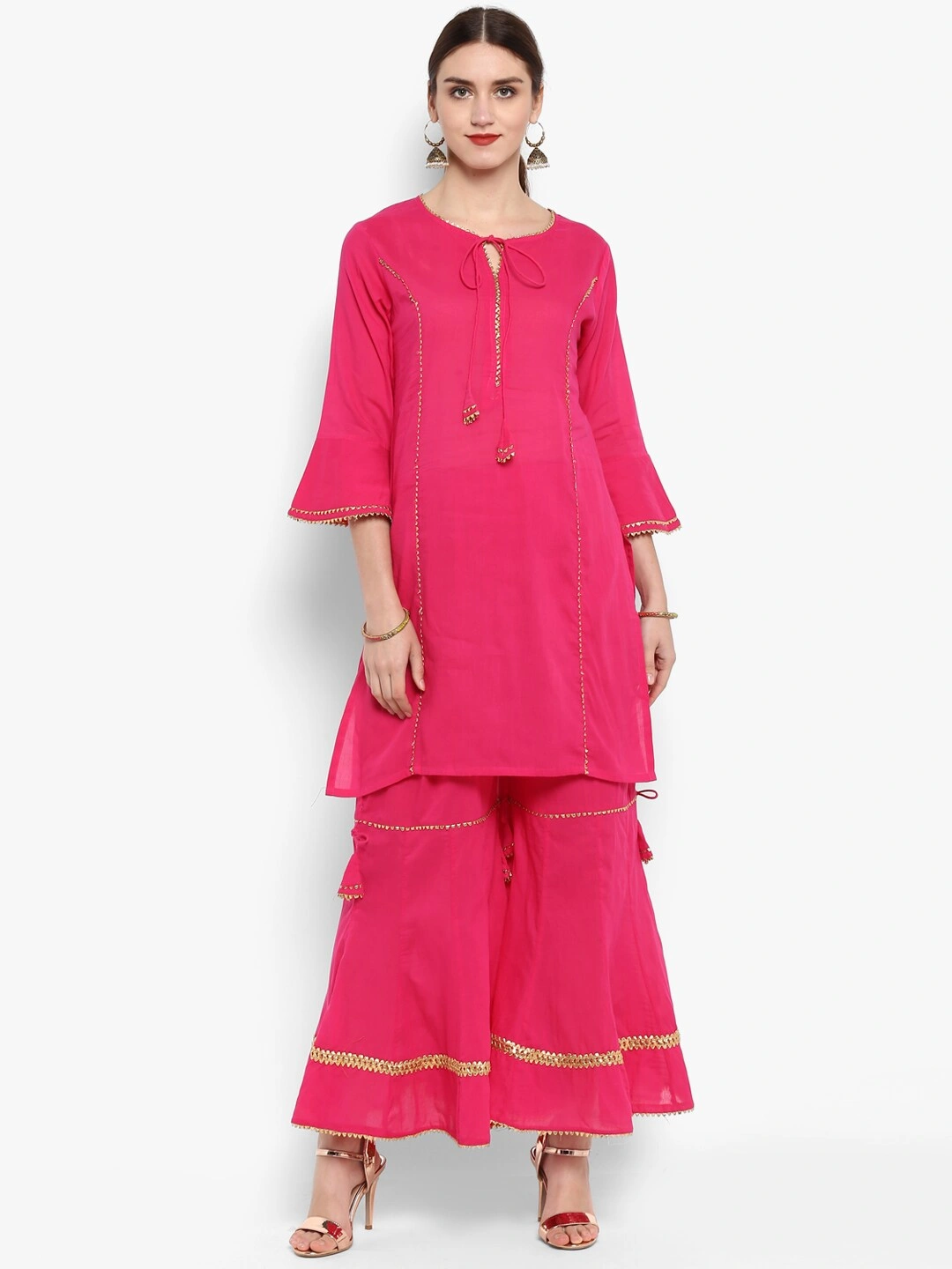 Bhama Couture Women Pink Solid Kurta with Sharara-BHKS091_XL