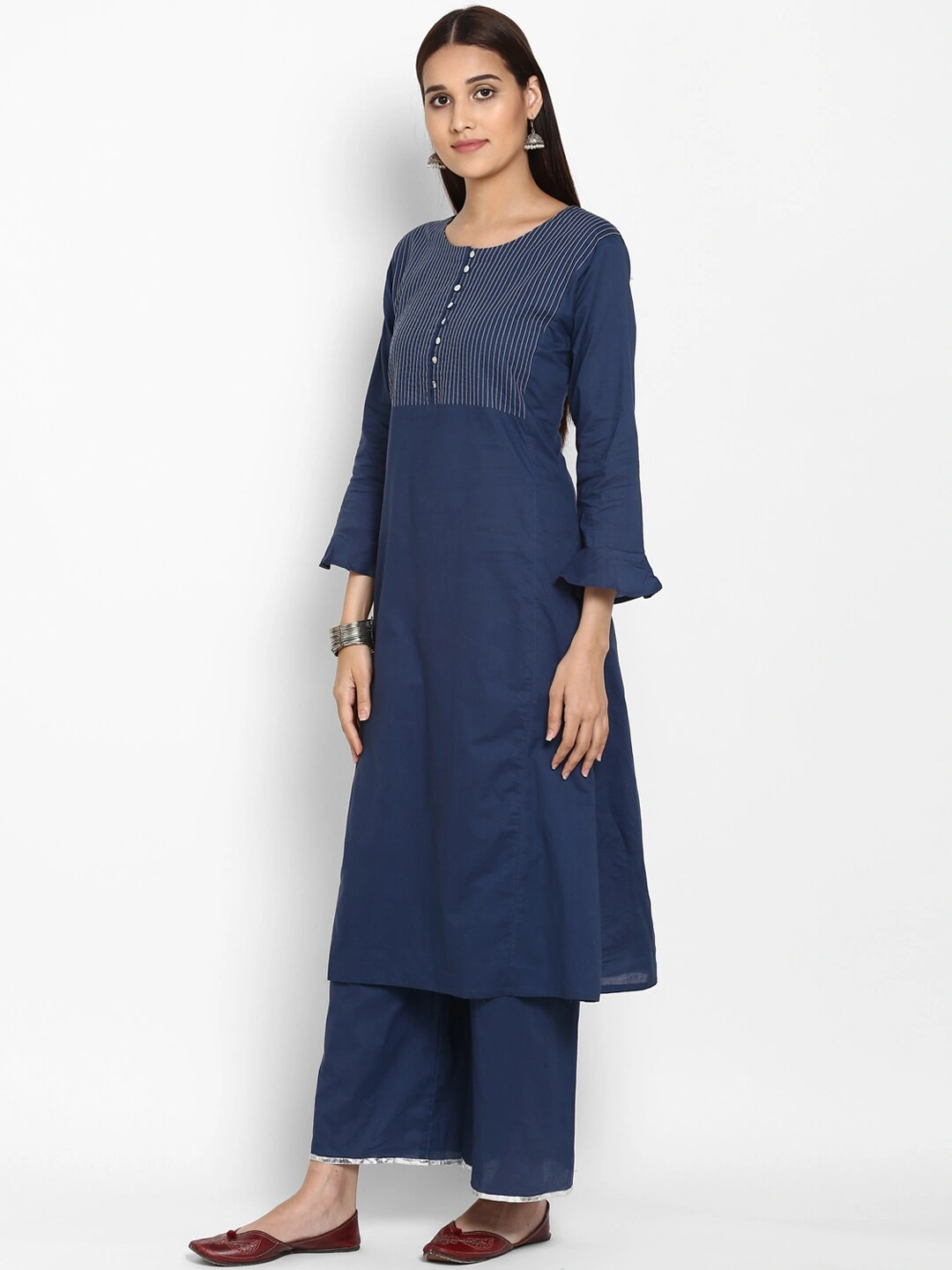 Bhama Couture Women Blue &amp; Embroidered Kurta with Palazzos &amp; Dupatta-L-1