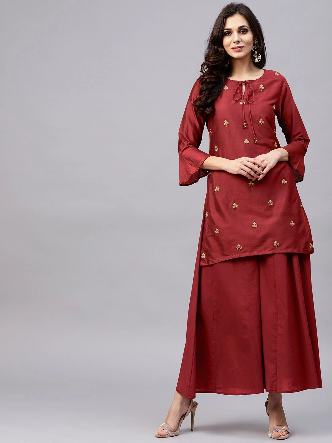 Bhama Couture Women Maroon Embroidered Kurta with Palazzos-BHKS101_L