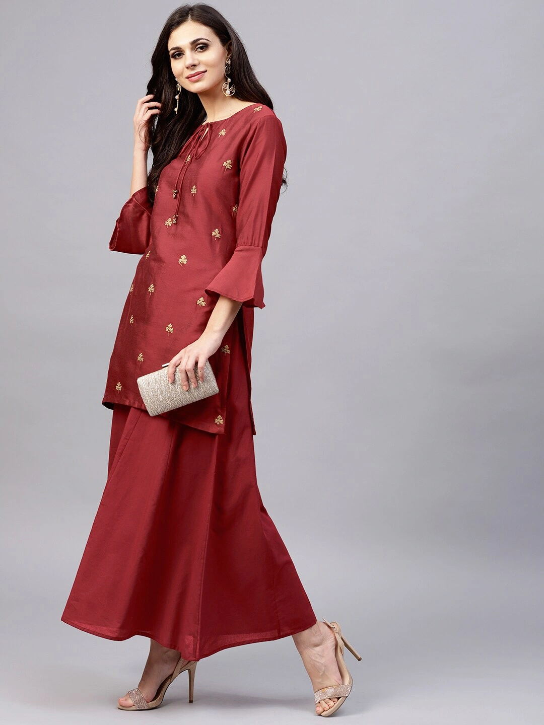 Bhama Couture Women Maroon Embroidered Kurta with Palazzos-L-1