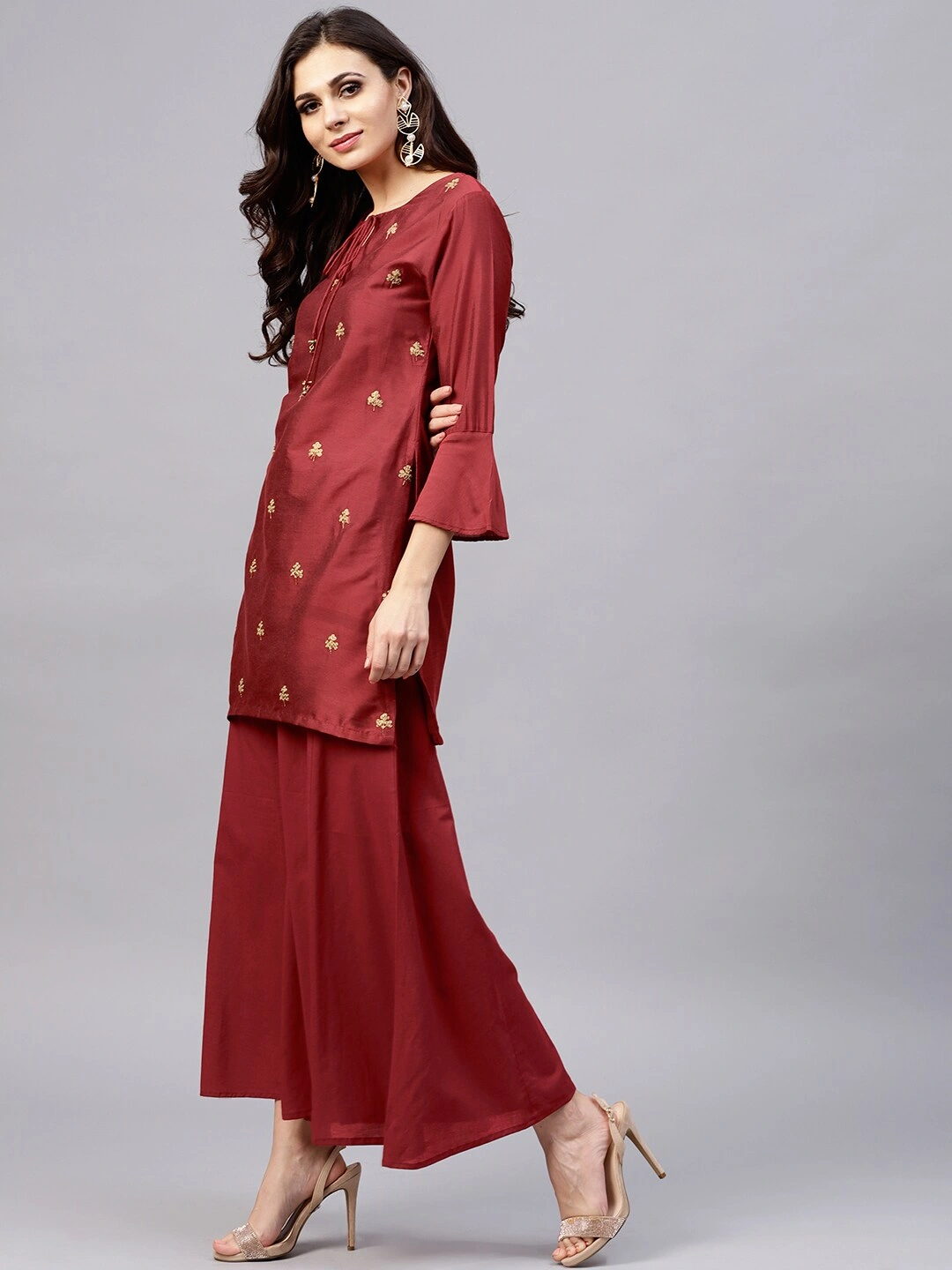 Bhama Couture Women Maroon Embroidered Kurta with Palazzos-L-2