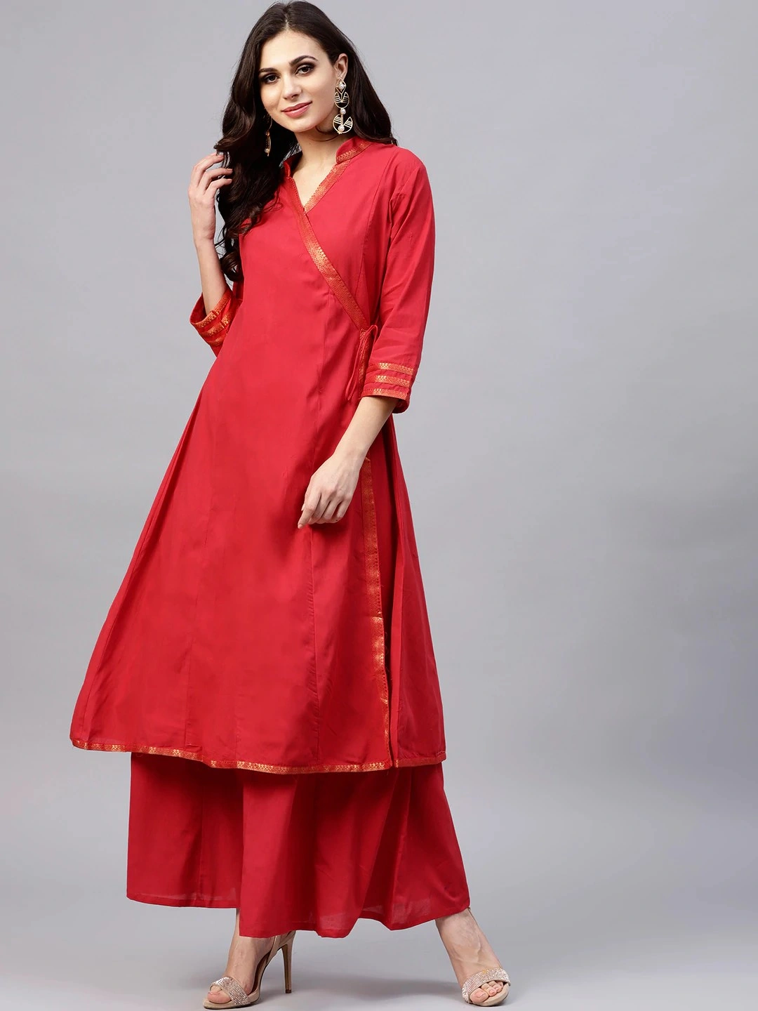 Bhama Couture Women Red Solid Kurta with Palazzos-BHKS103_L