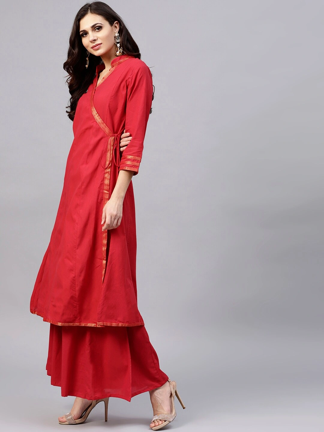 Bhama Couture Women Red Solid Kurta with Palazzos-M-1