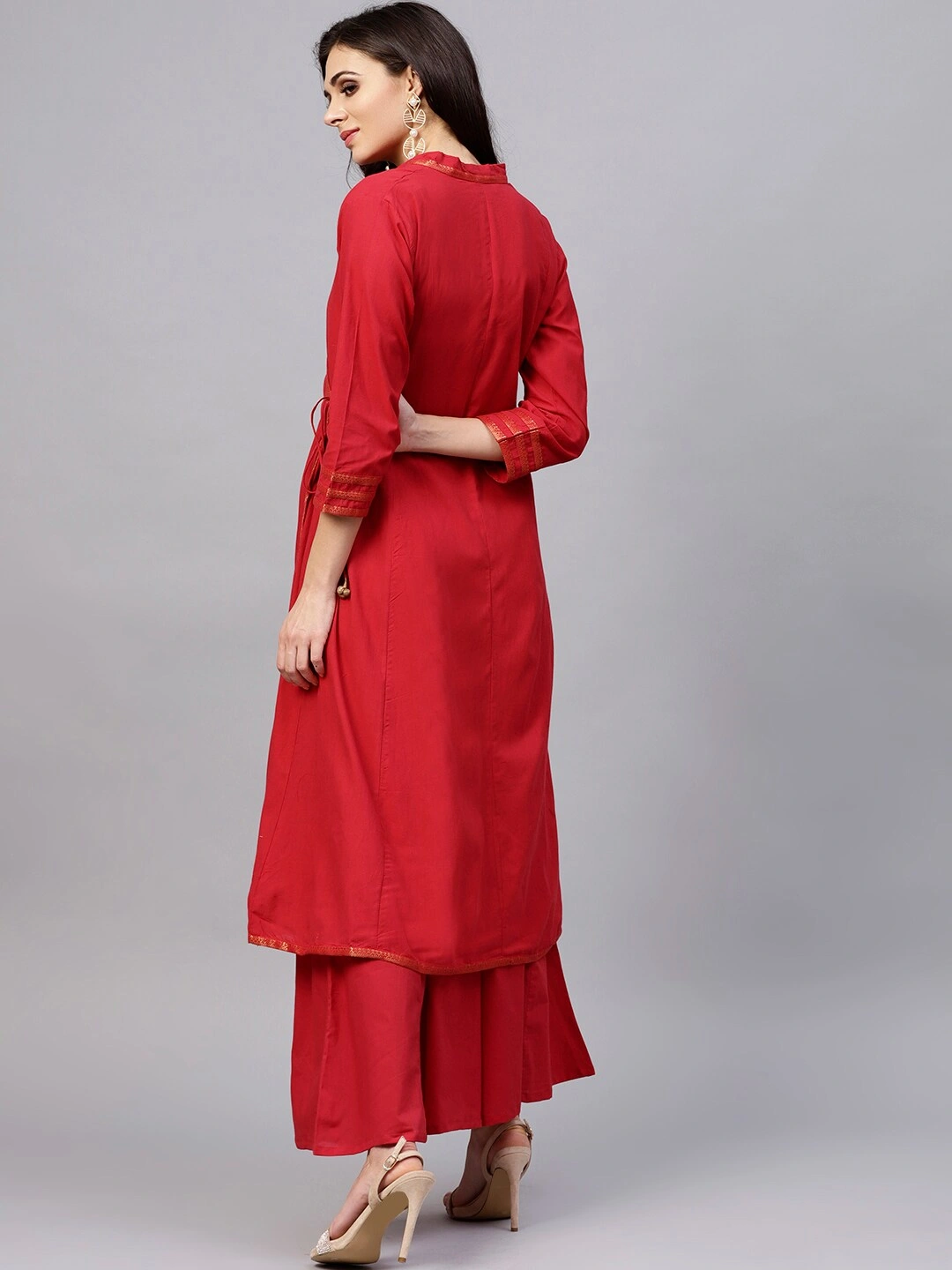 Bhama Couture Women Red Solid Kurta with Palazzos-M-2