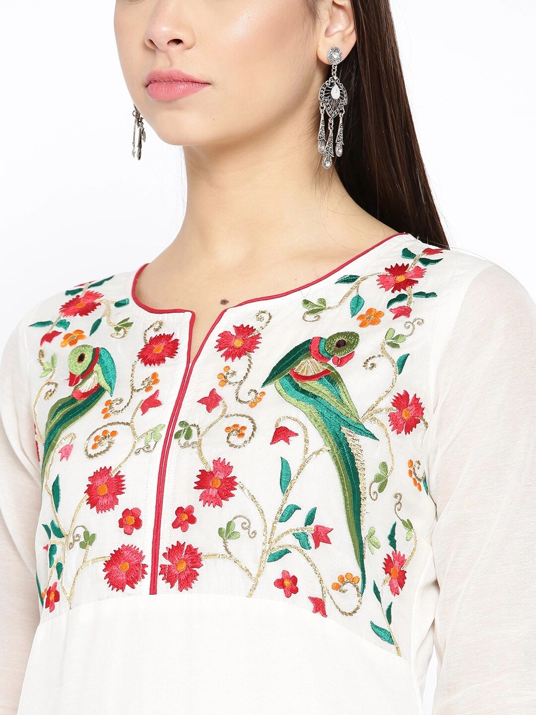 Bhama Couture Women White &amp; Red Yoke Design Kurti with Palazzos-S-3