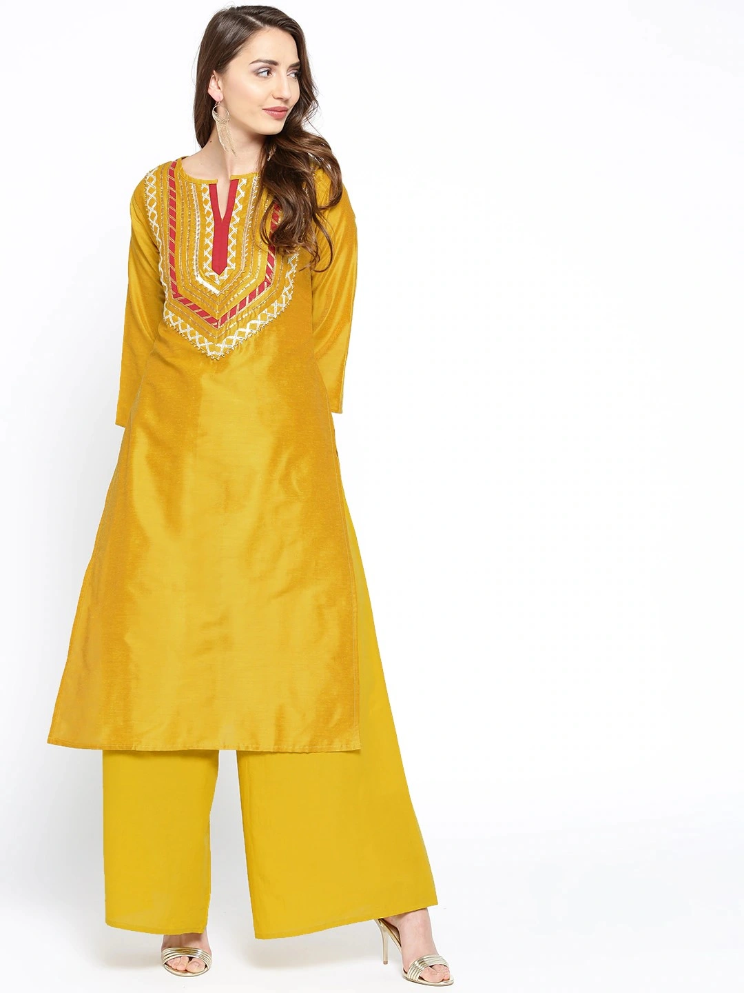 Bhama Couture Women Mustard Yellow &amp; Maroon Gotta Patti Yoke Design Kurta with Palazzos-BHKS108_M