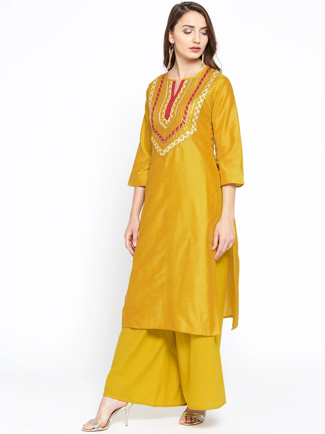 Bhama Couture Women Mustard Yellow &amp; Maroon Gotta Patti Yoke Design Kurta with Palazzos-M-1