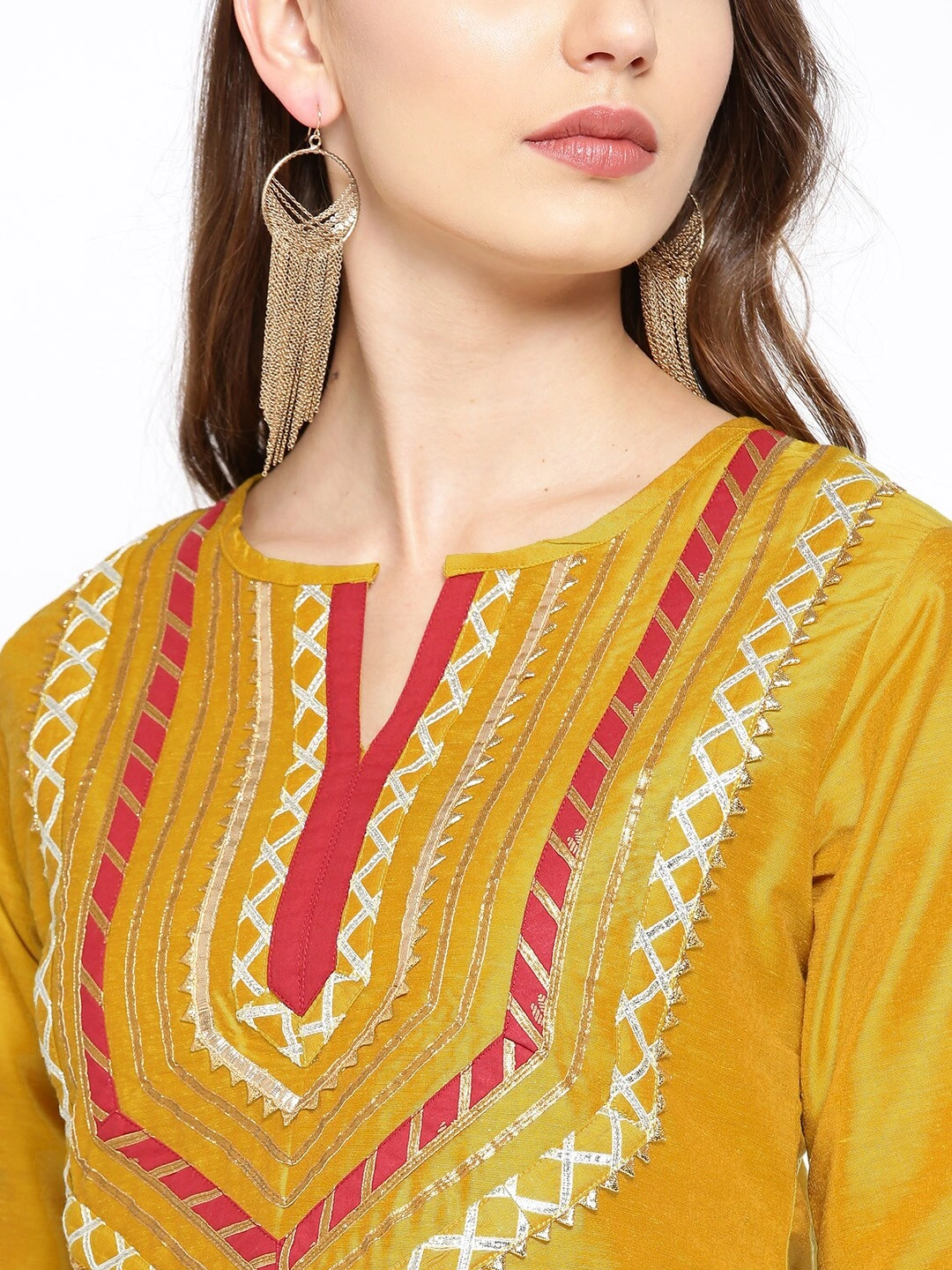 Bhama Couture Women Mustard Yellow &amp; Maroon Gotta Patti Yoke Design Kurta with Palazzos-M-3