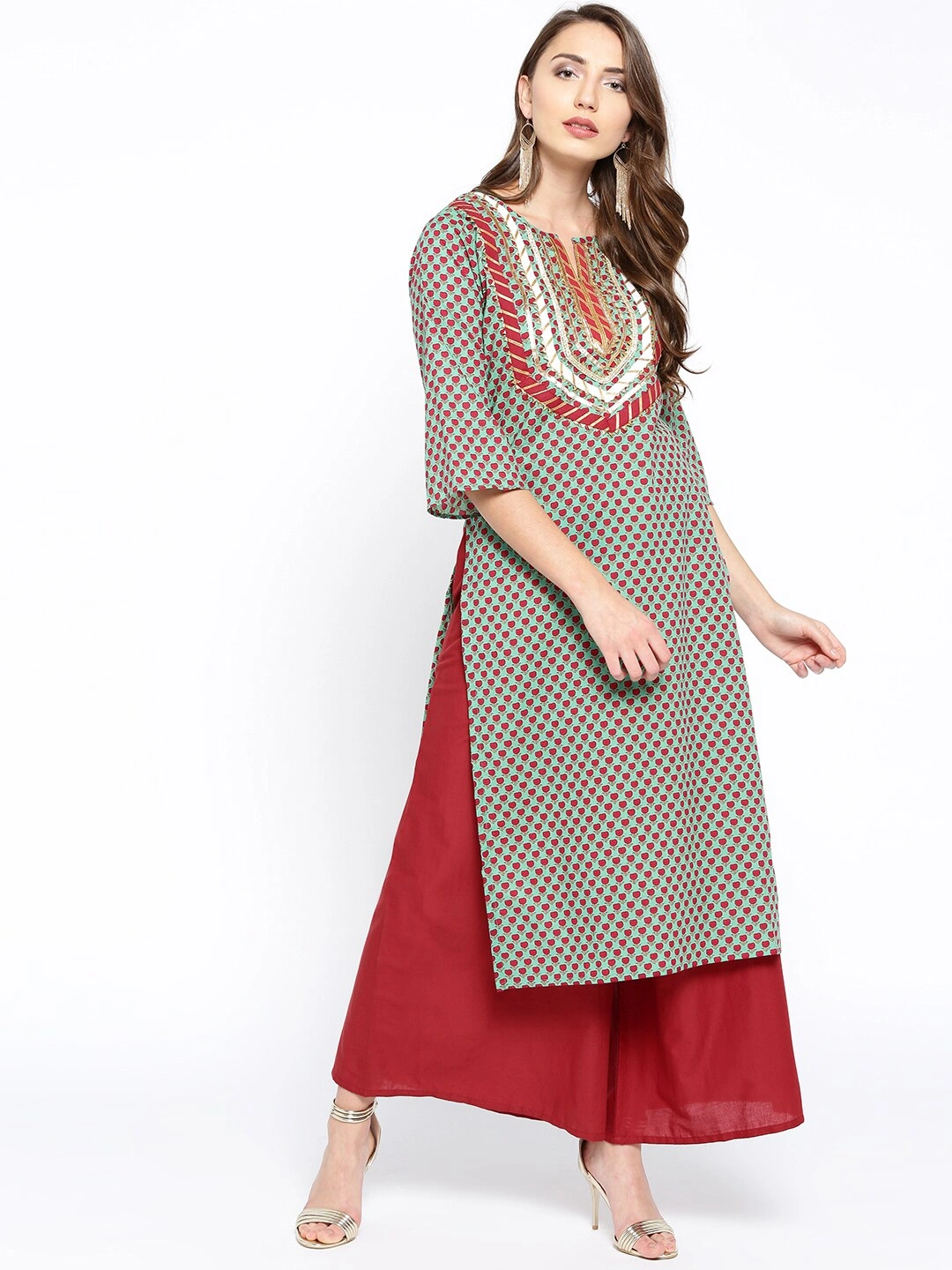 Bhama Couture Women Sea Green &amp; Maroon Printed Kurta with Palazzos-BHKS109_L