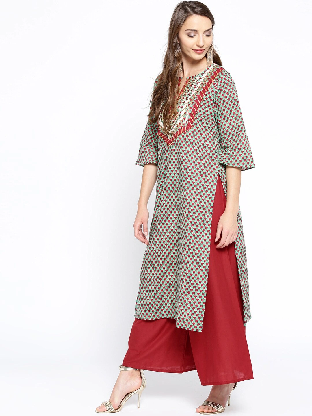 Bhama Couture Women Sea Green &amp; Maroon Printed Kurta with Palazzos-L-1