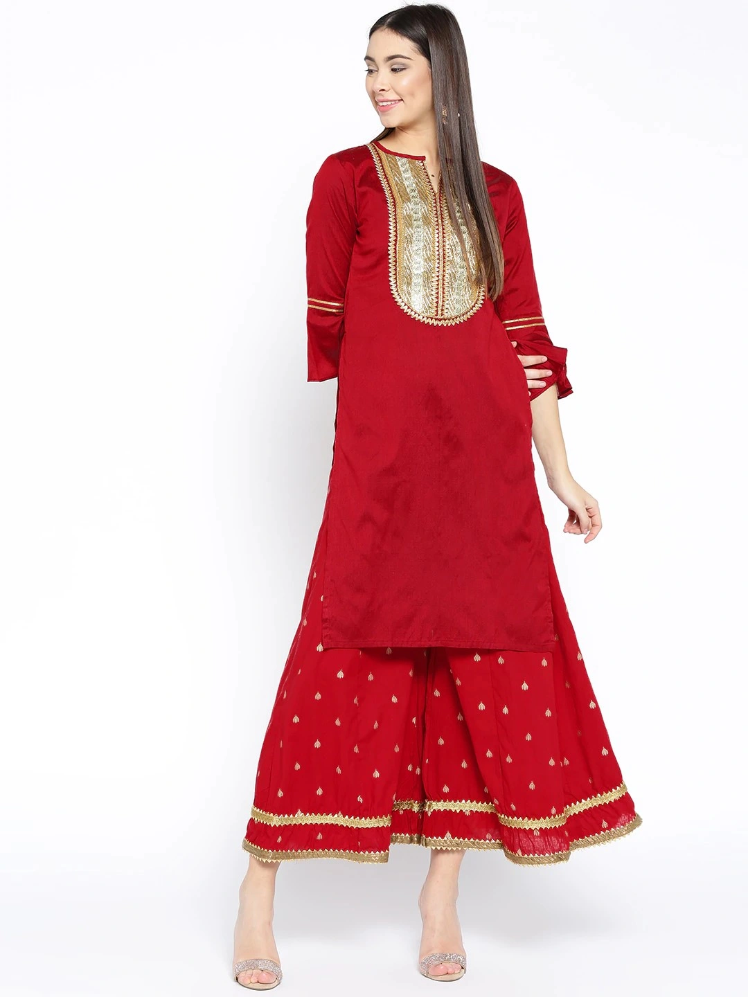 Bhama Couture Women Maroon Yoke Design Gotta Patti Kurta with Palazzos-BHKS113_L