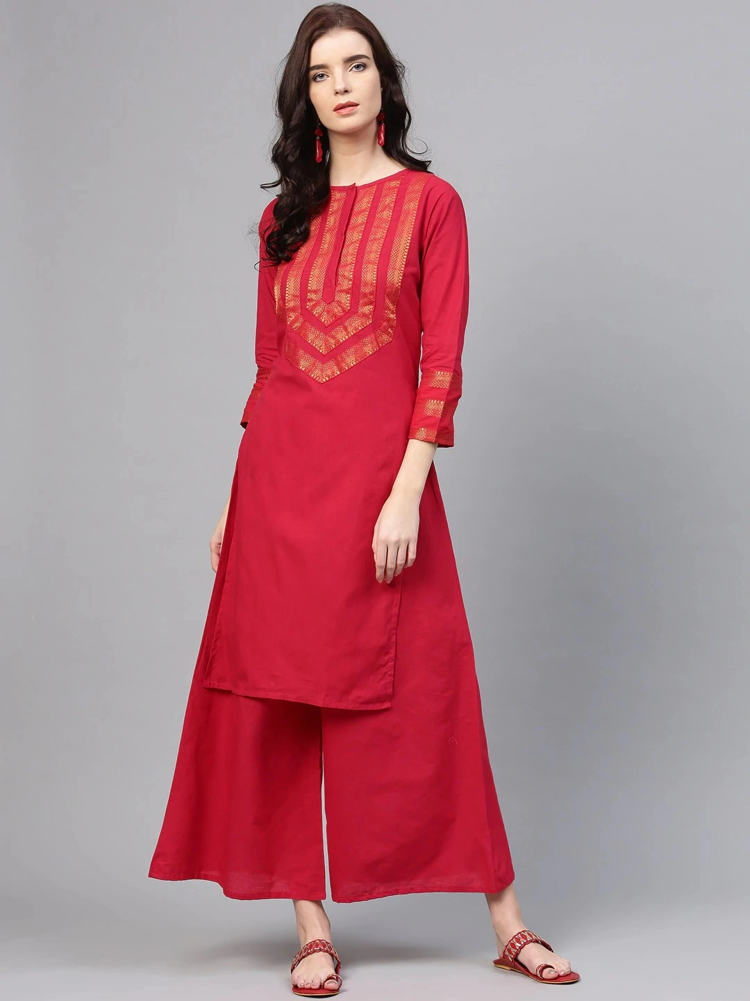 Bhama Couture Women Red &amp; Golden Yoke Design Kurta with Palazzos-BHKS120_L