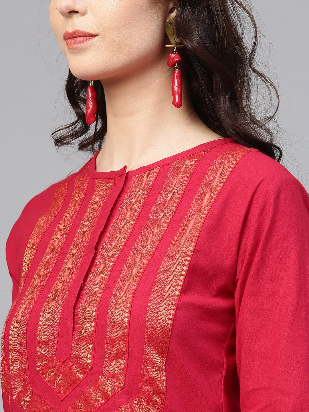 Bhama Couture Women Red &amp; Golden Yoke Design Kurta with Palazzos-L-3