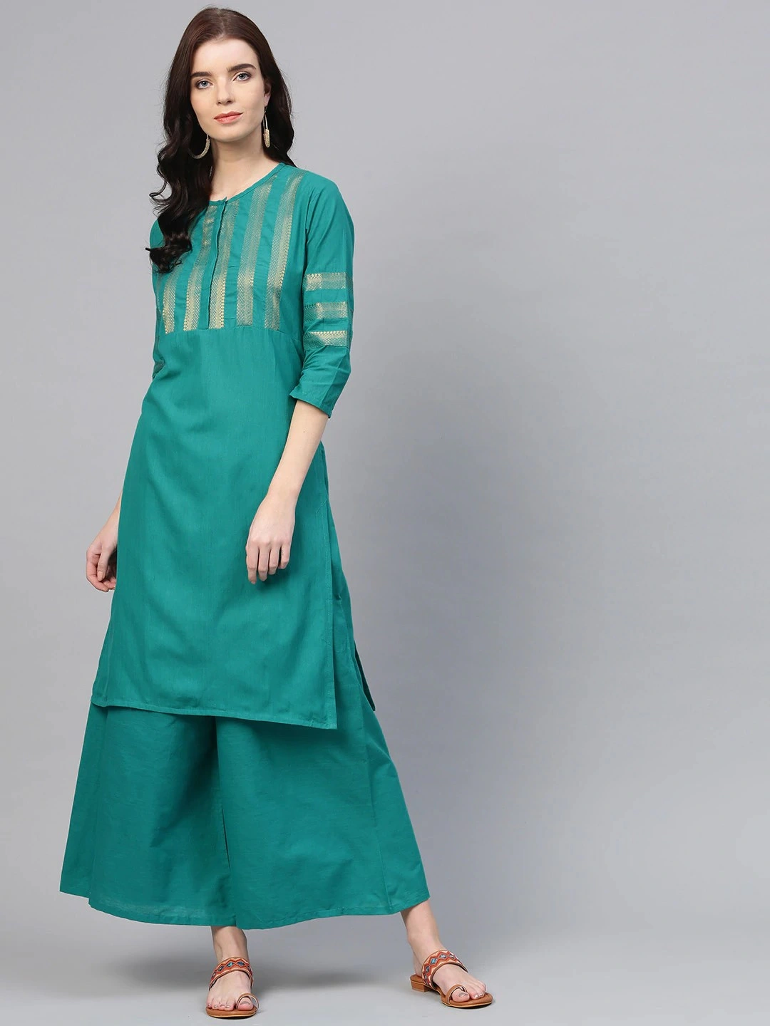 Bhama Couture Women Green Yoke Design Kurta with Palazzos-BHKS121_L