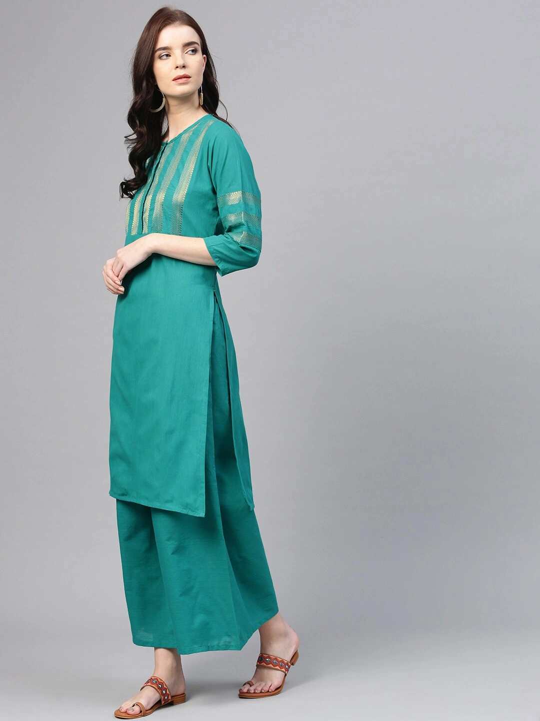 Bhama Couture Women Green Yoke Design Kurta with Palazzos-L-1