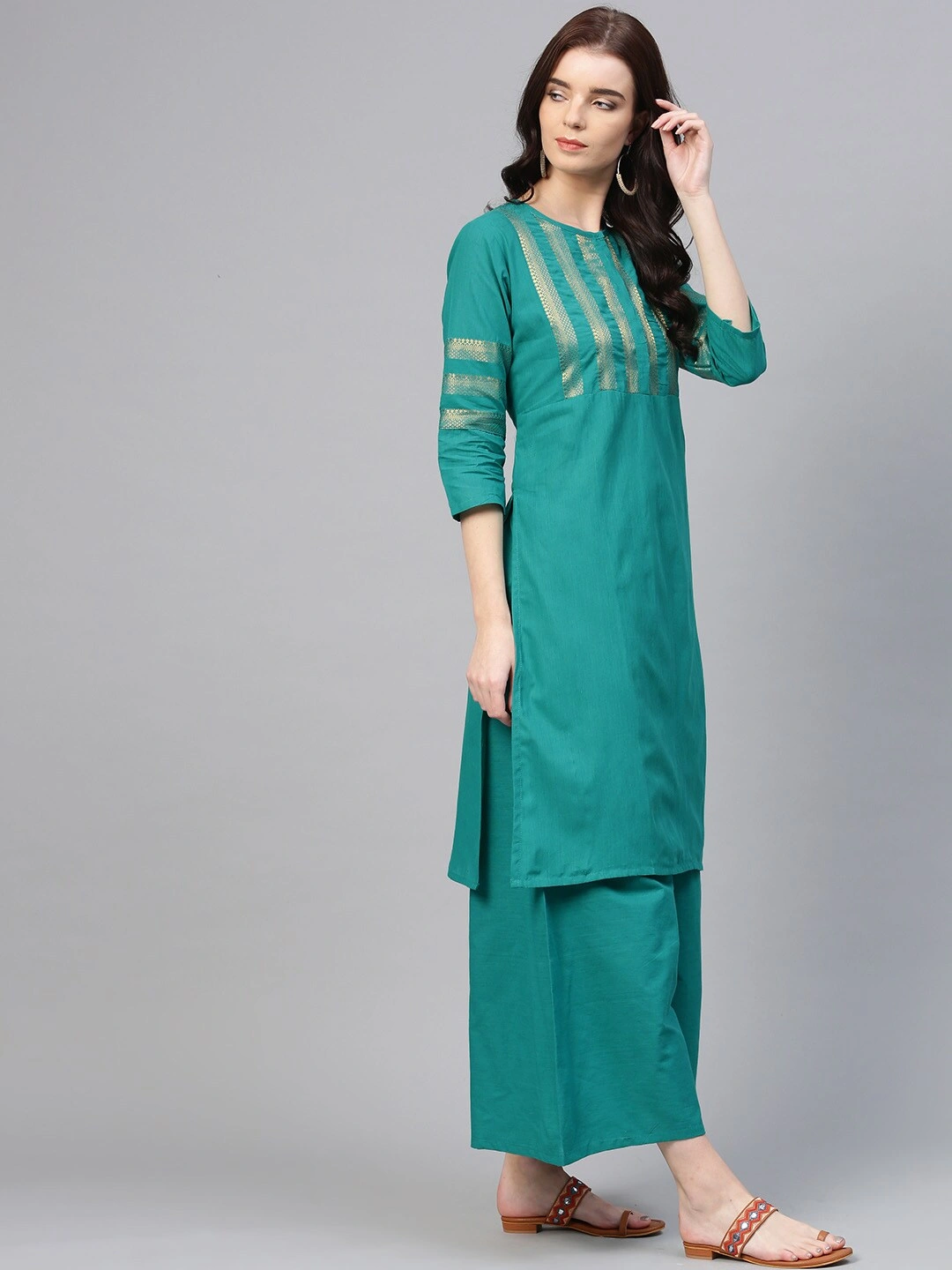 Bhama Couture Women Green Yoke Design Kurta with Palazzos-L-2