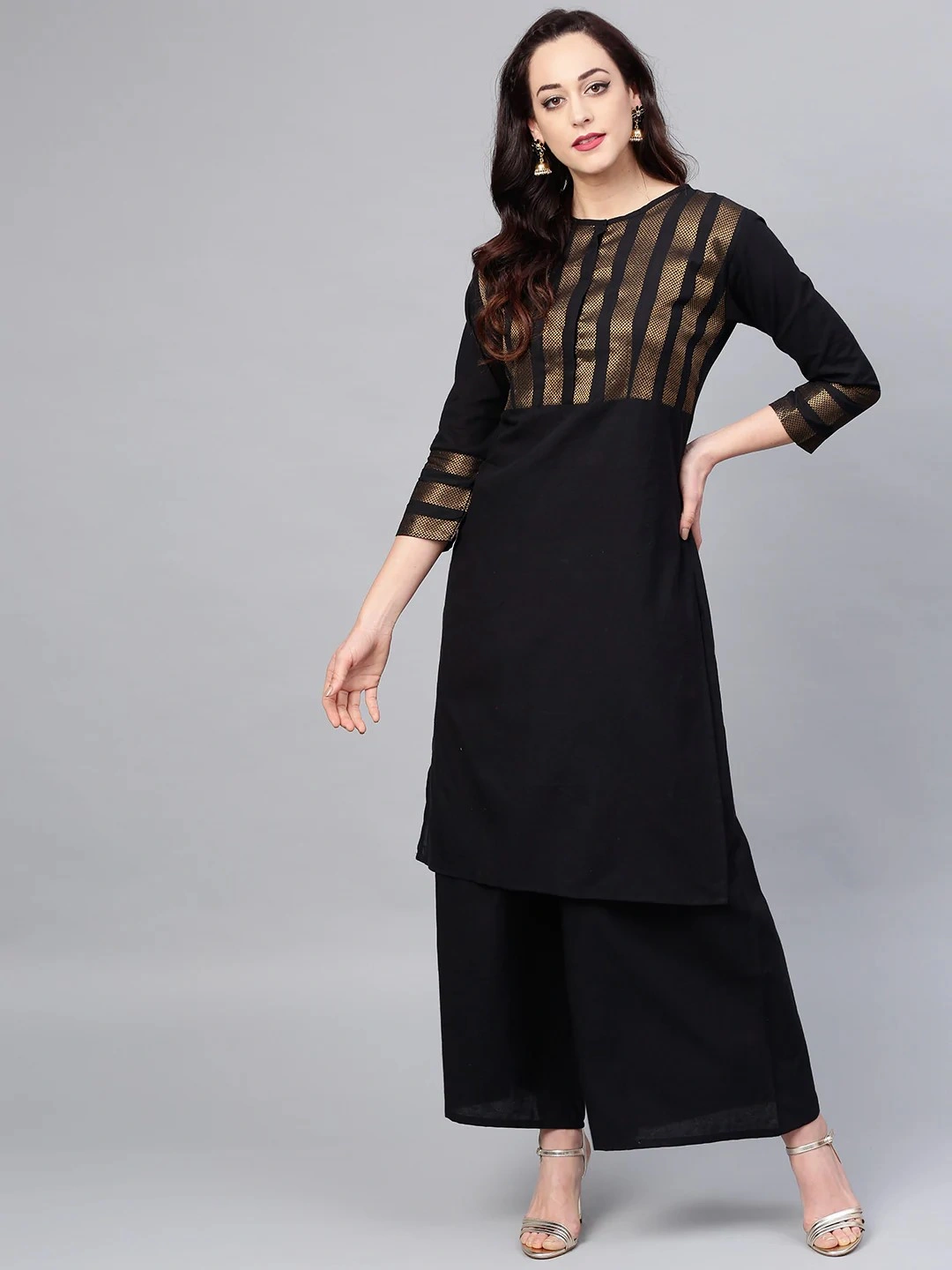 Bhama Couture Women Black Yoke Design Kurta with Palazzos-BHKS122_L