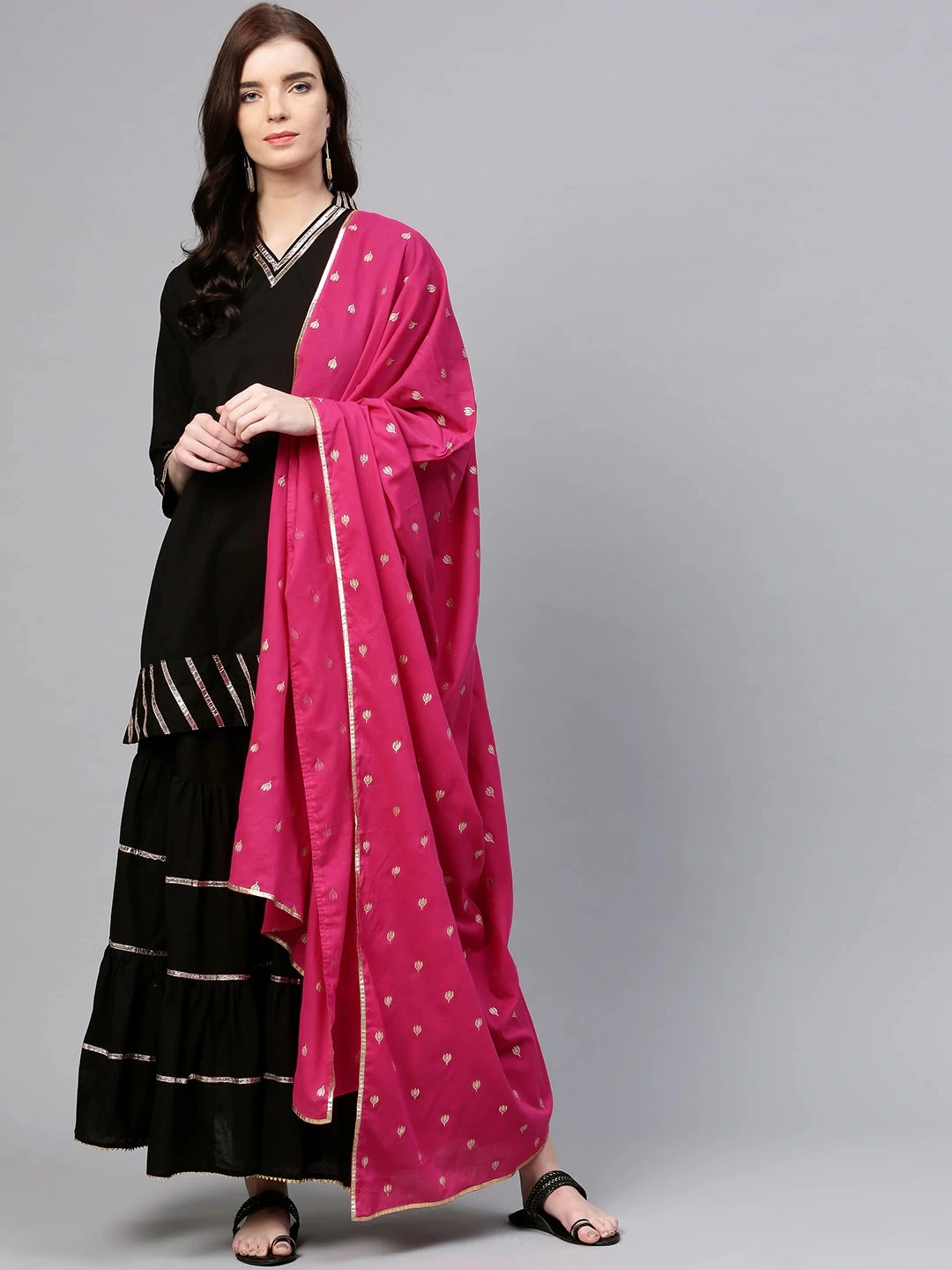 Bhama Couture Women Black &amp; Pink Solid Kurti with Sharara &amp; Dupatta-BHKS125_L