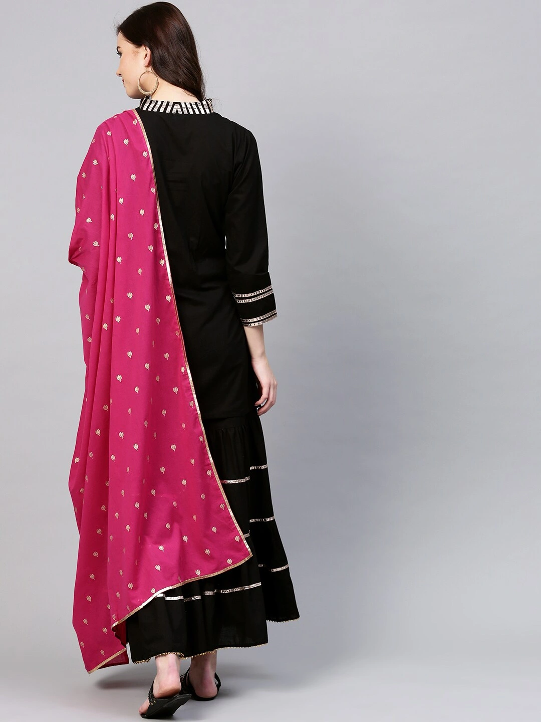 Bhama Couture Women Black &amp; Pink Solid Kurti with Sharara &amp; Dupatta-XL-2